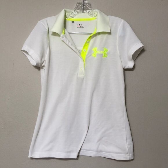 Under Armour Women’s M Medium White and Neon Green Heat Gear SPF 30 Fitted Polo - Picture 1 of 5